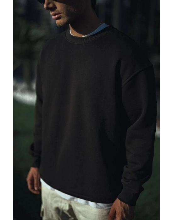 Kışlık Bisiklet Yaka Üç İplik Basic SweatShirt - Siyah -