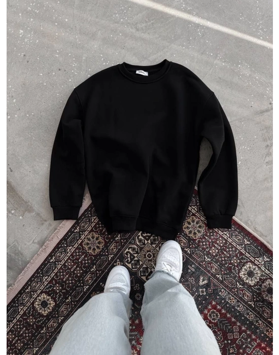 Kışlık Bisiklet Yaka Üç İplik Basic SweatShirt - Siyah -