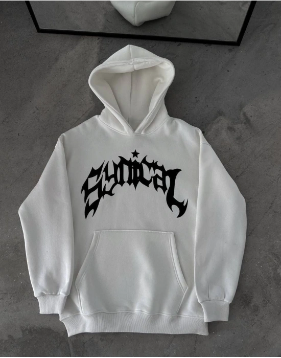 Kışlık Kapüşonlu Baskılı Oversize SweatShirt- Beyaz -