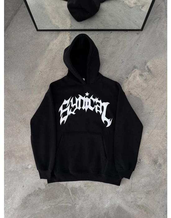 Kışlık Kapüşonlu Baskılı Oversize SweatShirt- Siyah -