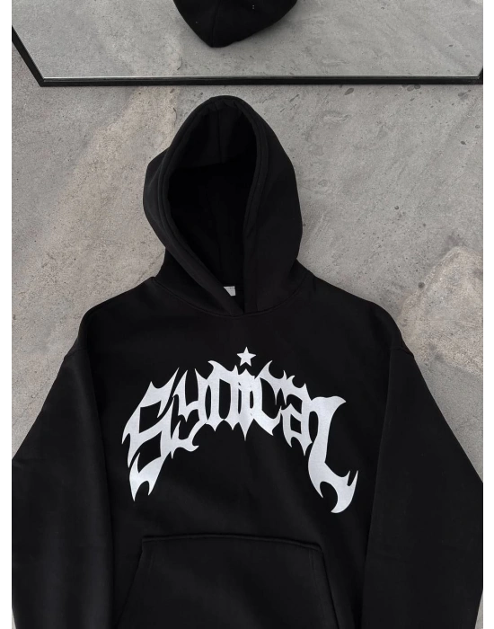 Kışlık Kapüşonlu Baskılı Oversize SweatShirt- Siyah -