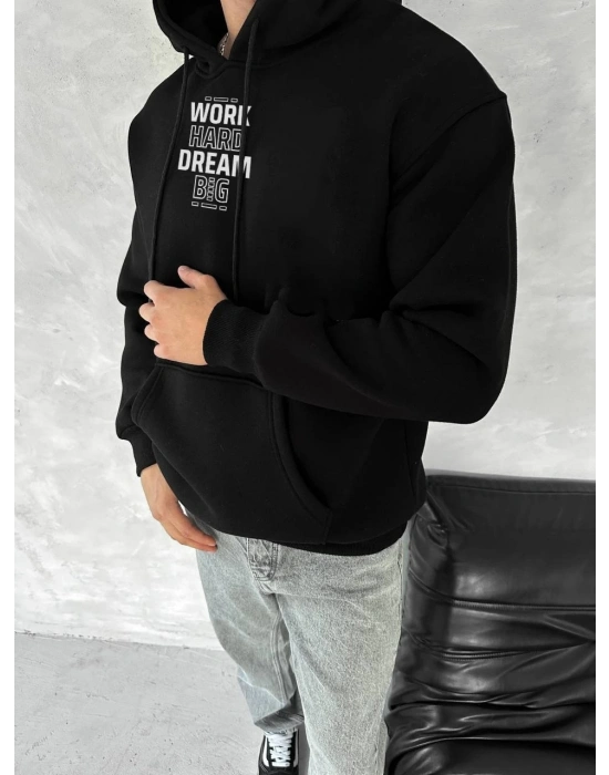 Kışlık Üç İplik Kapüşonlu SweatShirt - Siyah -