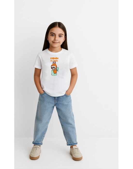 Kız Labubu Çocuk Baskılı T-Shirt - Beyaz