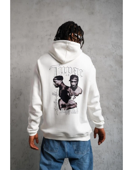 Kol ve Etek Ribana Baskılı Kapüşonlu Sweat - Beyaz