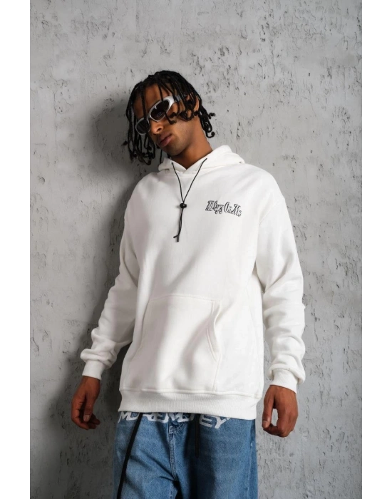 Kol ve Etek Ribana Baskılı Kapüşonlu Sweat - Beyaz