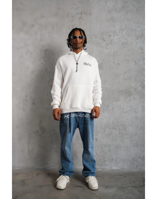 Kol ve Etek Ribana Baskılı Kapüşonlu Sweat - Beyaz