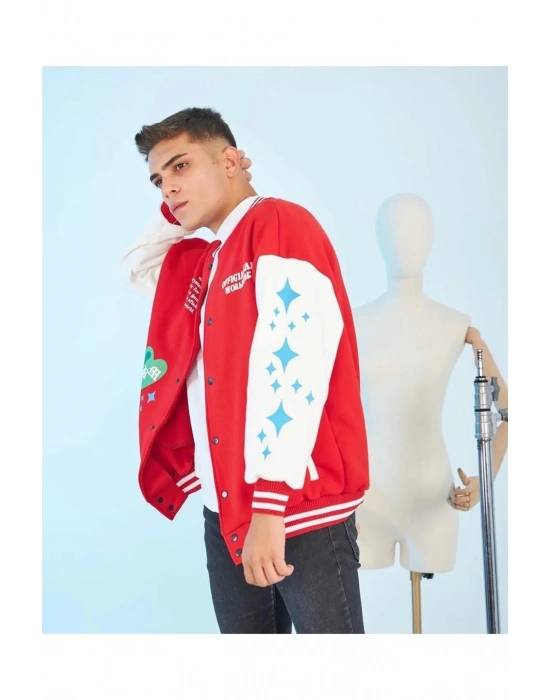 Kolları Yıldız Sırt Baskılı Oversize Kolej Ceket - Kırmızı