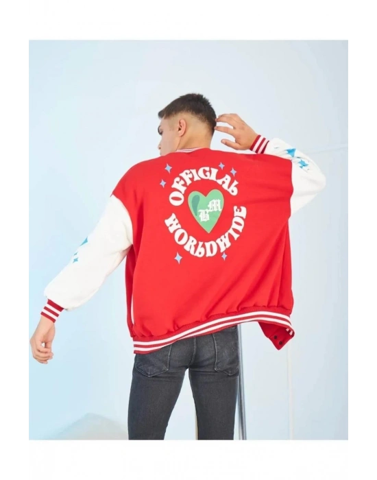 Kolları Yıldız Sırt Baskılı Oversize Kolej Ceket - Kırmızı