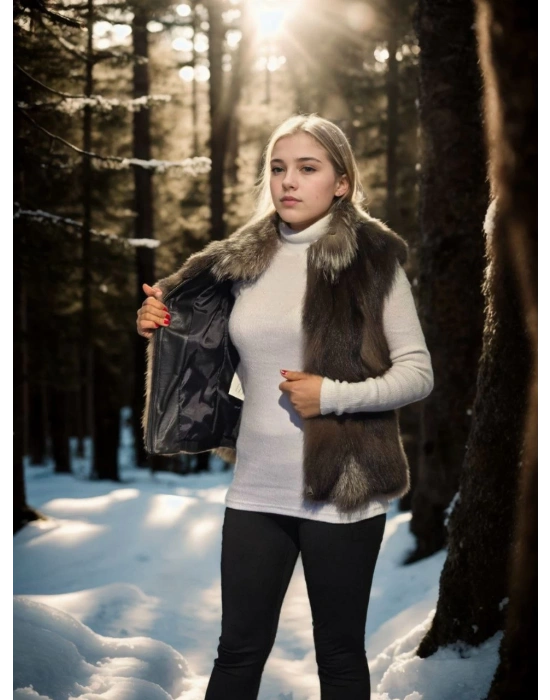 Kolsuz Fermuarlı Yelek - Kahve -