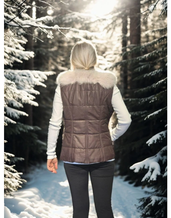 Kolsuz Fermuarlı Yelek - Kahve -