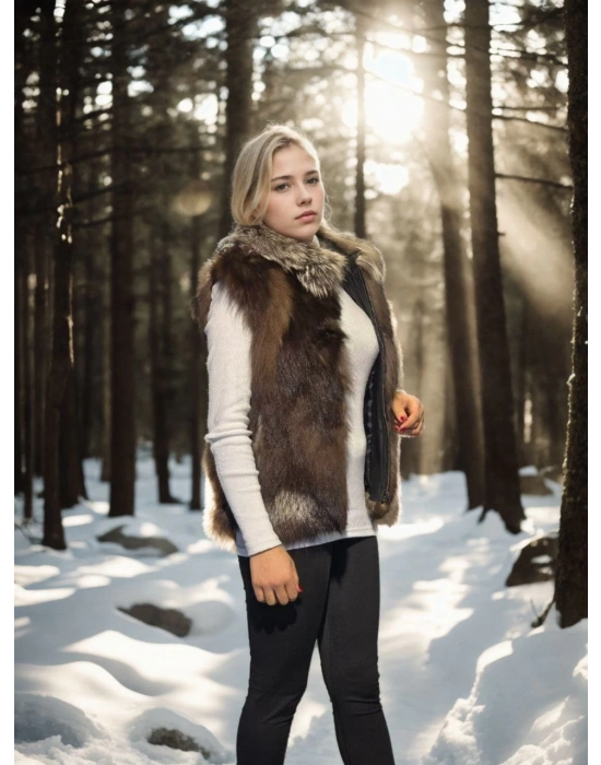 Kolsuz Fermuarlı Yelek - Kahve -