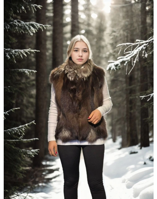 Kolsuz Fermuarlı Yelek - Kahve -