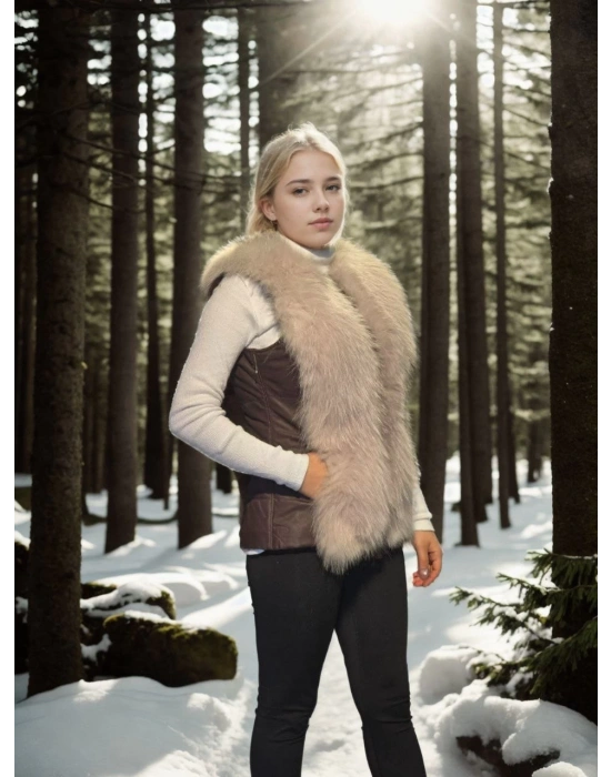 Kolsuz Fermuarlı Yelek - Kahve -