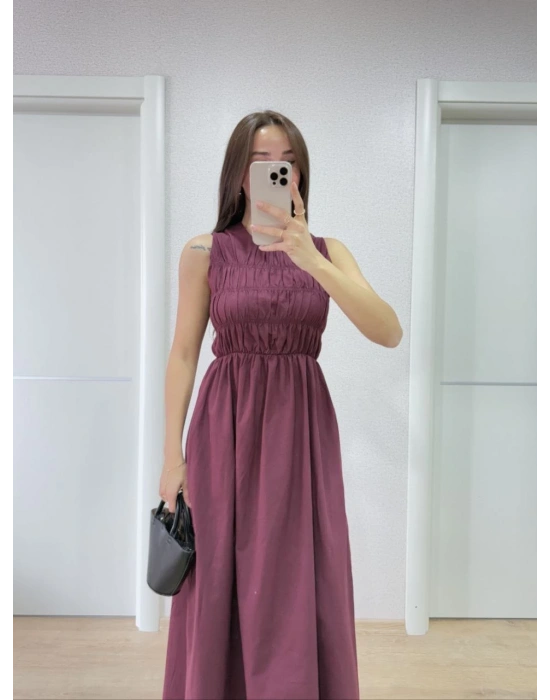 Kolsuz Göğüs Lastıklı %100 Poplin Uzun Elbise - Bordo -