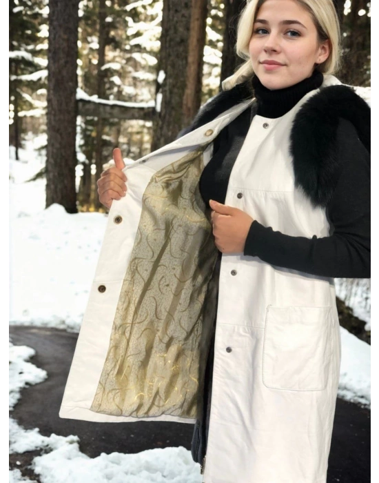 Kolsuz Hakiki Deri Kürk - Beyaz -