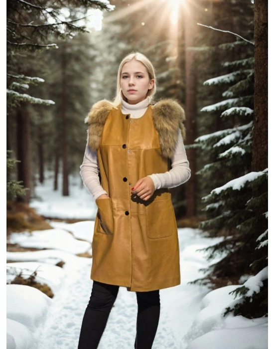 Kolsuz Hakiki Deri Kürk - Hardal -