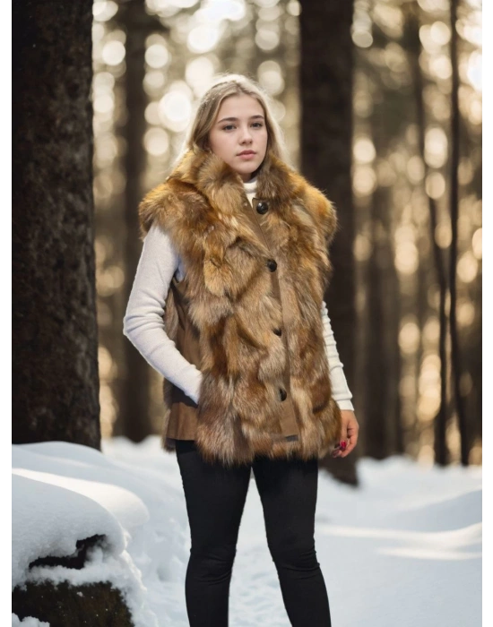 Kolsuz Hakiki Deri Kürk - Kahve -