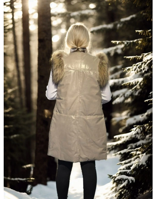 Kolsuz Hakiki Deri Kürk - Krem