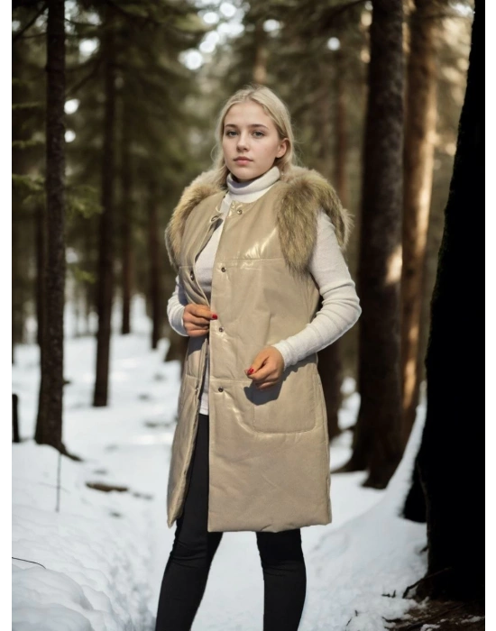 Kolsuz Hakiki Deri Kürk - Krem