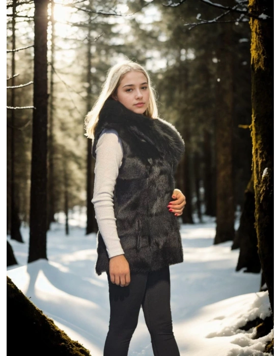 Kolsuz Kapüşonlu Yelek - Siyah -