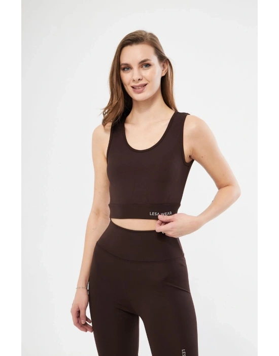 Kolsuz Sporcu Baskılı Crop - Kahve