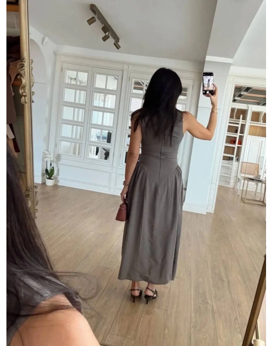 Kolsuz Uzun Kabardin Elbise - Gri -