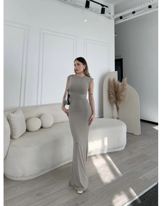 Kolsuz Uzun Likralı Elbise - Gri -