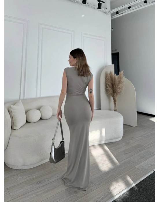 Kolsuz Uzun Likralı Elbise - Gri -