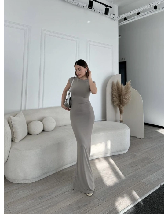 Kolsuz Uzun Likralı Elbise - Gri -