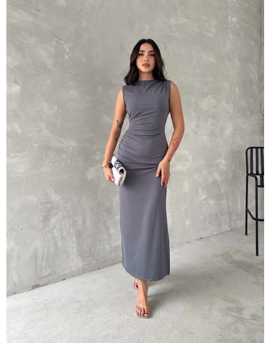 Kolsuz Yırtmaçlı Uzun maxı boy Elbise - Gri