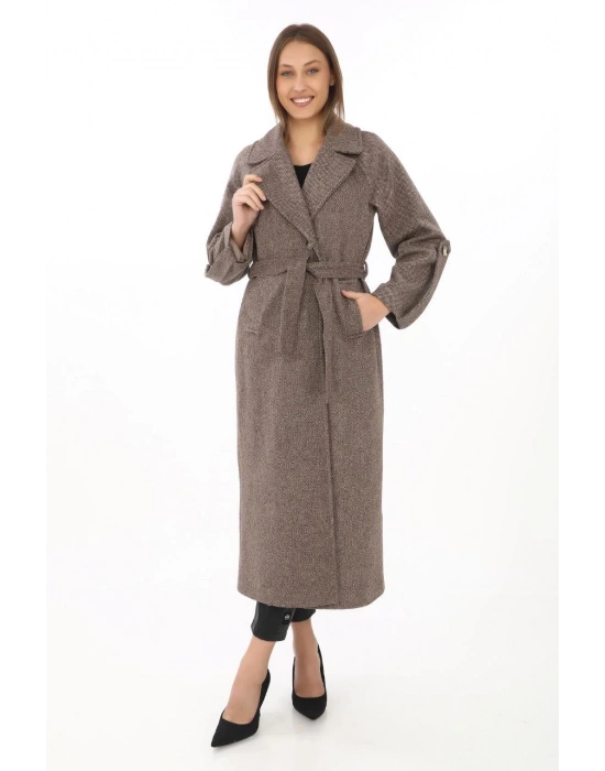 Kolu Apoletli Astarlı Kaşmir Kaşe Kaban - Vizon -