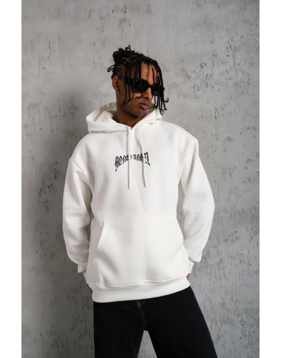 Kordon İpli Baskılı Kapüşonlu Sweatshirt - Beyaz -