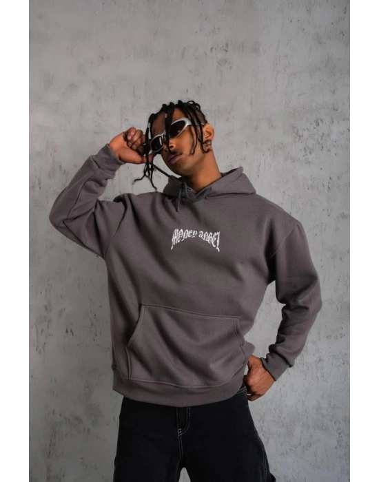 Kordon İpli Baskılı Kapüşonlu Sweatshirt - Füme