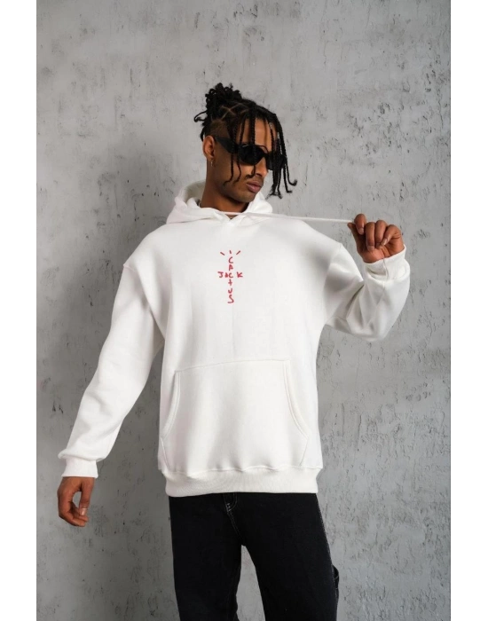 Kordonlu Arka Maske Kordon Saçlı Kapüşonlu - Beyaz -