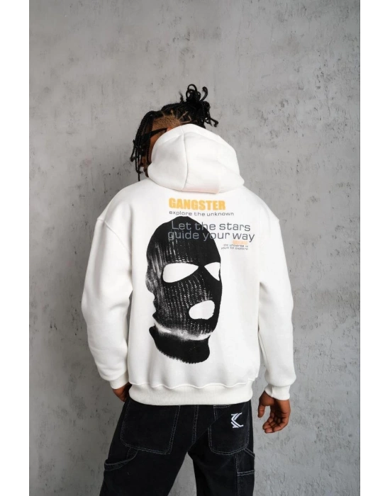 Kordonlu Maske Baskılı Kapüşonlu Sweat - Beyaz -