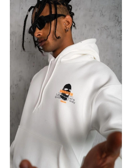 Kordonlu Maske Baskılı Kapüşonlu Sweat - Beyaz -