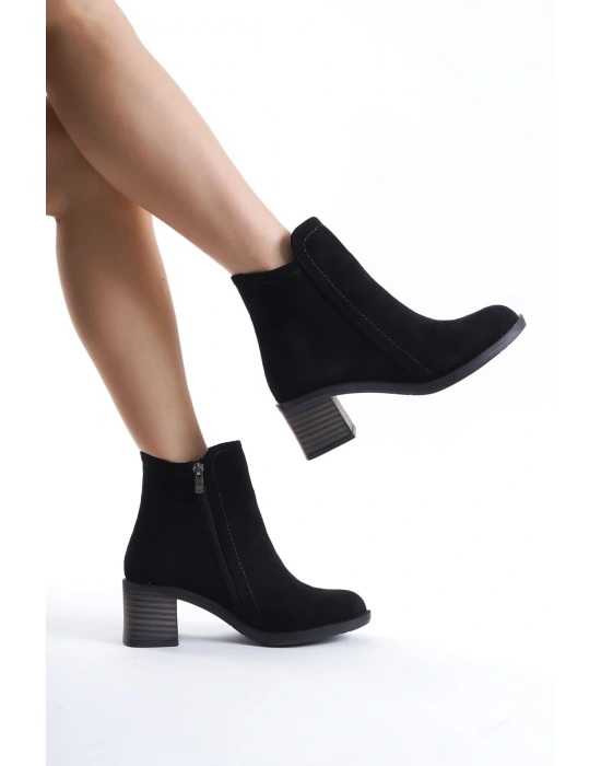LARISSA Fermuarlı Ortopedik Taban Topuklu Süet Kadın Bot  SST - Siyah