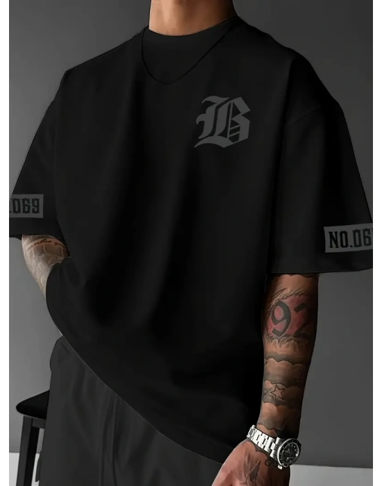 LB Ön Arka Baskılı Oversize Bisiklet Yaka Yazlık T-shirt - Siyah -