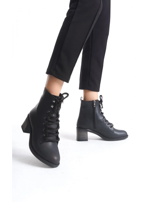 LENA Bağcıklı Fermuarlı Ortopedik Taban Topuklu Kadın Bot  CST - Siyah
