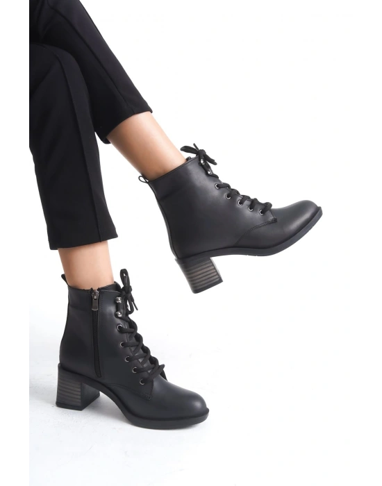 LENA Bağcıklı Fermuarlı Ortopedik Taban Topuklu Kadın Bot  CST - Siyah