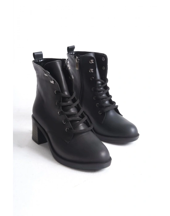 LENA Bağcıklı Fermuarlı Ortopedik Taban Topuklu Kadın Bot  CST - Siyah