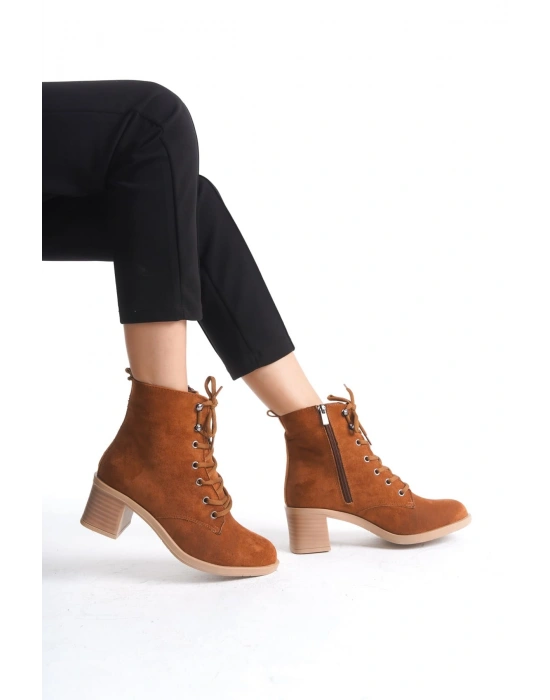 LENA Bağcıklı Fermuarlı Ortopedik Taban Topuklu Süet Kadın Bot STT - Taba