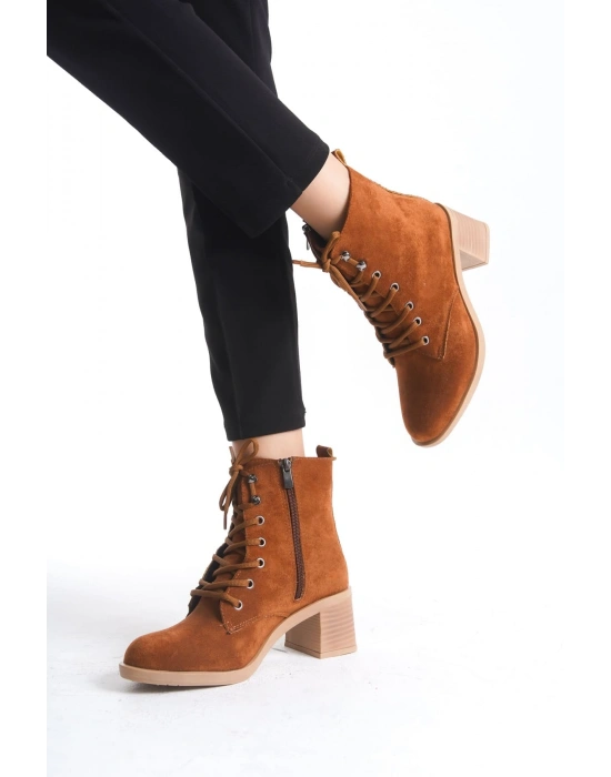 LENA Bağcıklı Fermuarlı Ortopedik Taban Topuklu Süet Kadın Bot STT - Taba