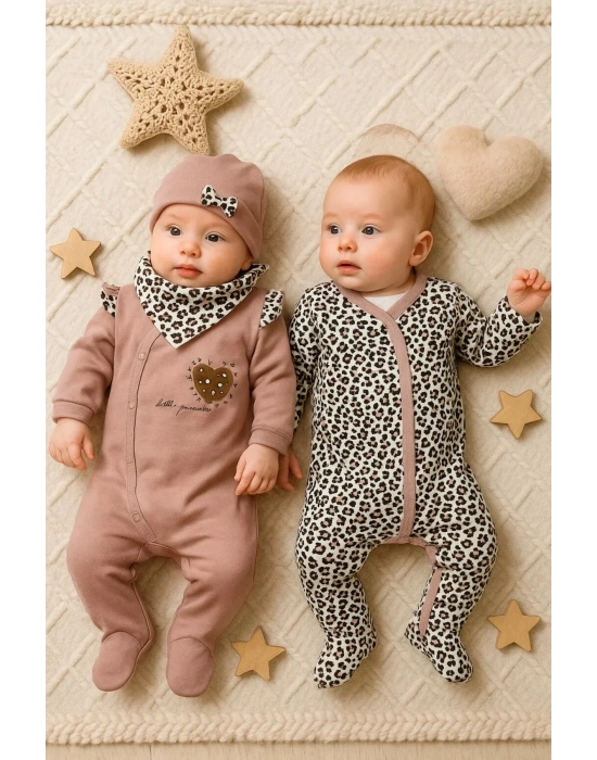 Leopar Desenli Kız Bebek 4lü Tulum Seti