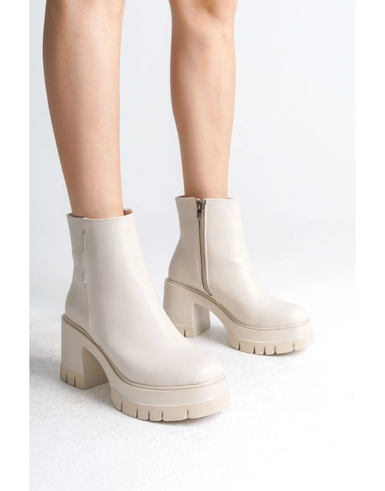 LISSE Fermuarlı Ortopedik Taban Kalın Topuklu Kadın Bot CKT - Krem