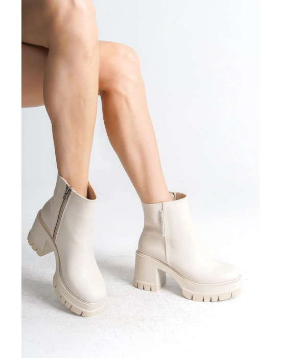 LISSE Fermuarlı Ortopedik Taban Kalın Topuklu Kadın Bot CKT - Krem