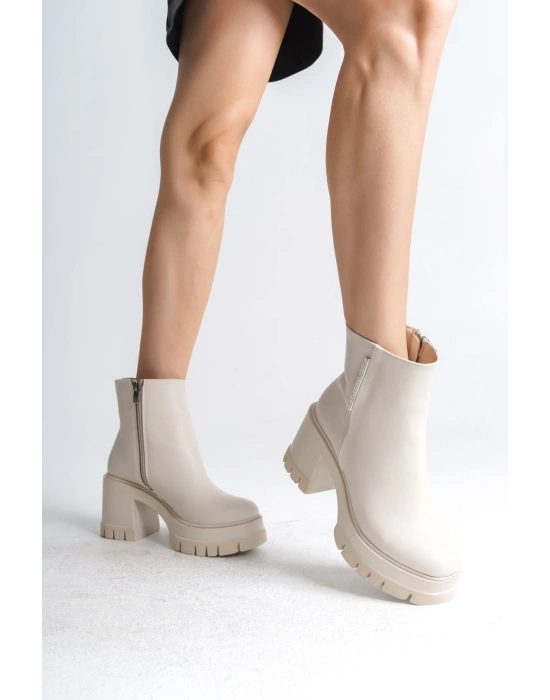 LISSE Fermuarlı Ortopedik Taban Kalın Topuklu Kadın Bot CKT - Krem