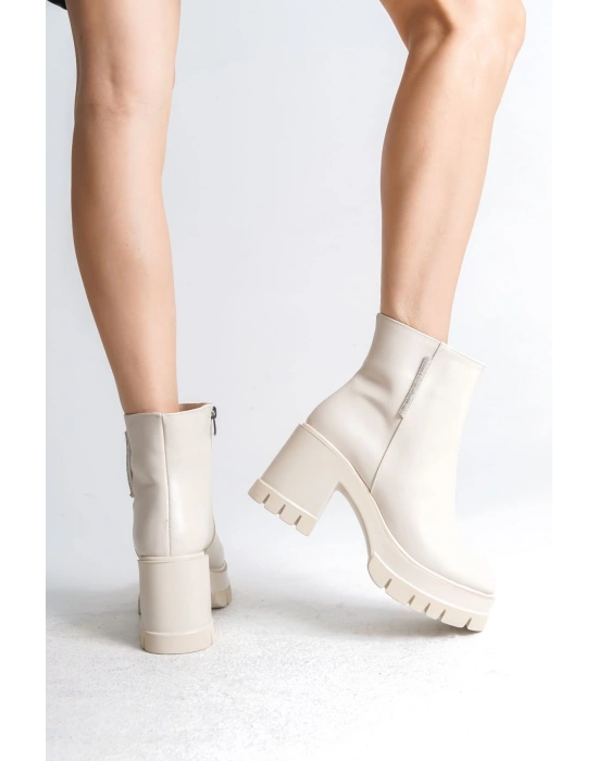 LISSE Fermuarlı Ortopedik Taban Kalın Topuklu Kadın Bot CKT - Krem