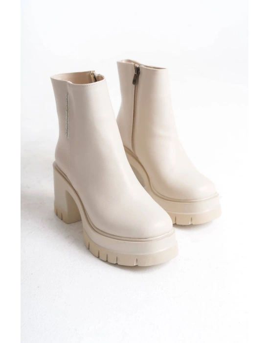 LISSE Fermuarlı Ortopedik Taban Kalın Topuklu Kadın Bot CKT - Krem