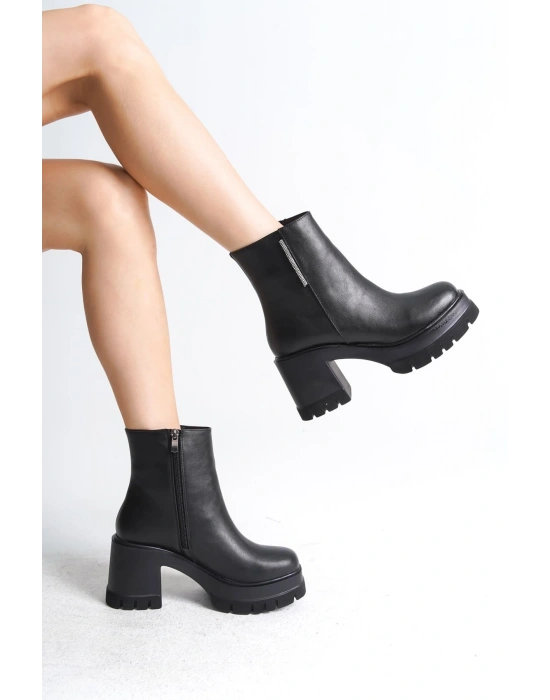 LISSE Fermuarlı Ortopedik Taban Kalın Topuklu Kadın Bot CST - Siyah